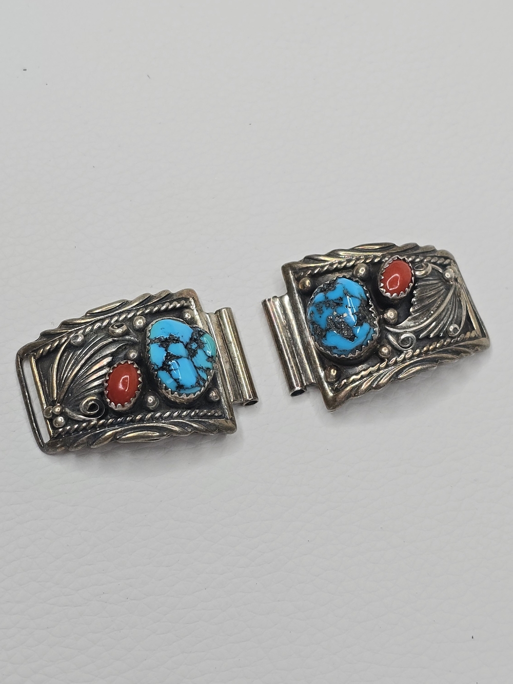 Native American Navajo 925 watch tips  turquoise and coral stones set